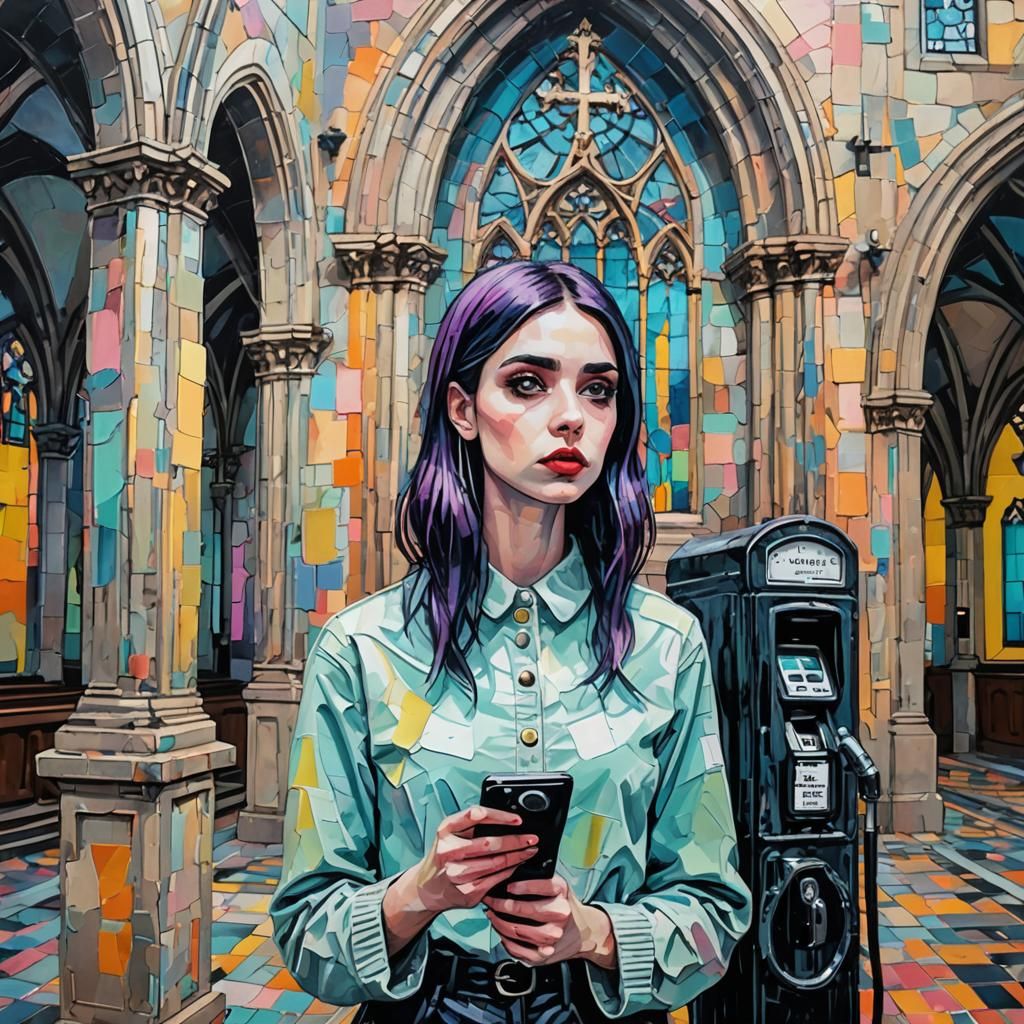 Pastel Goth Girl in Church: Impasto Painting