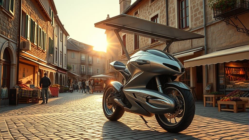 Futuristic Hoverbike in Quaint European Town