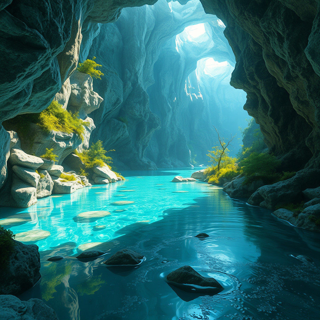 Crystal River in Underground Cavern: Digital Concept Art