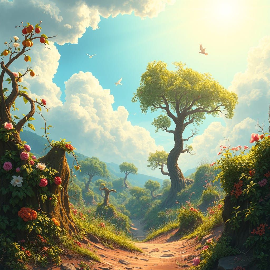 Ethereal Landscape Unfolds with Divine Radiance and Vibrant....