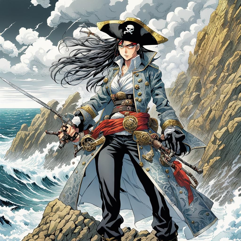 Dynamic Manga Pirate Overlooking Stormy Seas