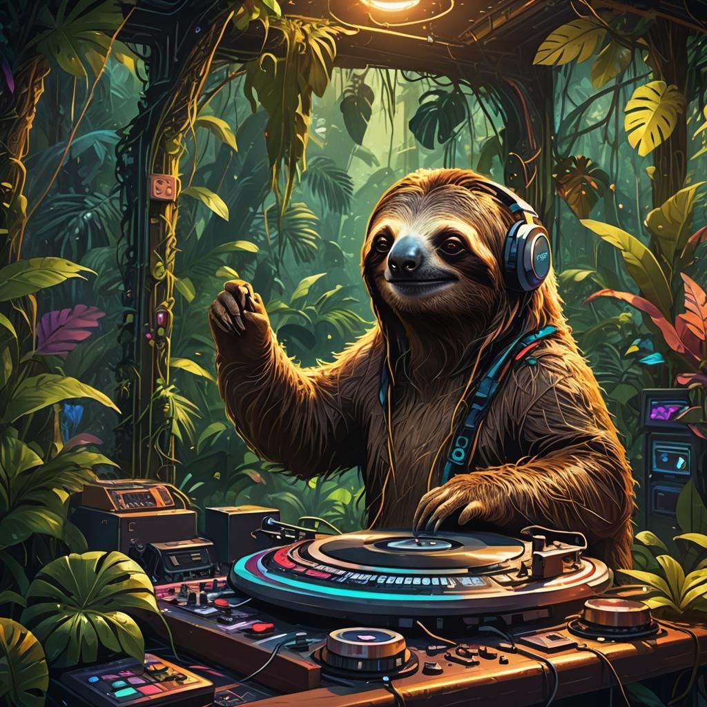 Sloth DJ Spins Records in Jungle Paradise