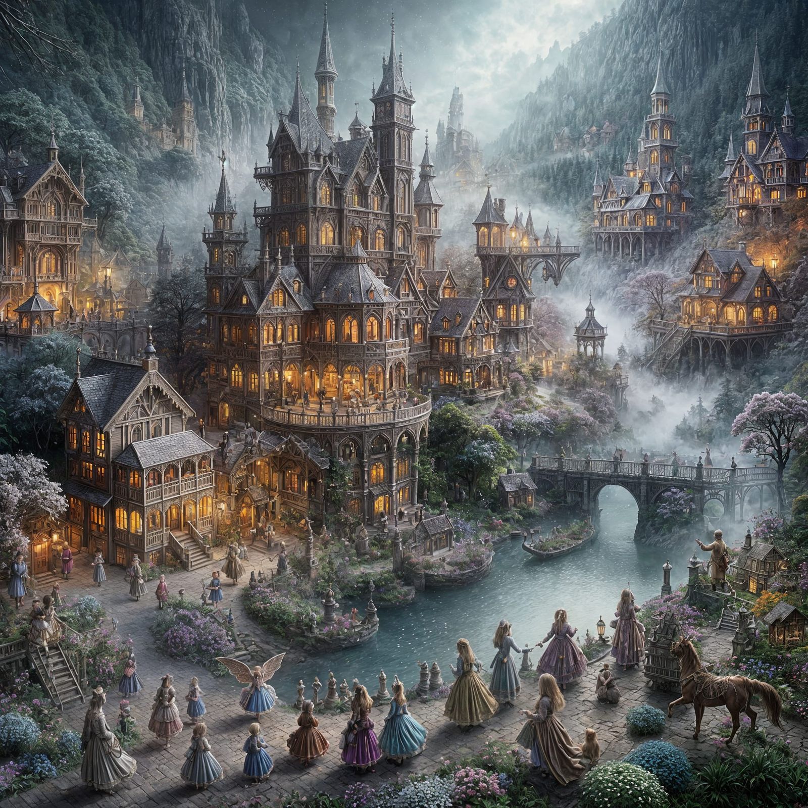 Victorian Fairy Tale Village in Dreamlike Atmosphere
