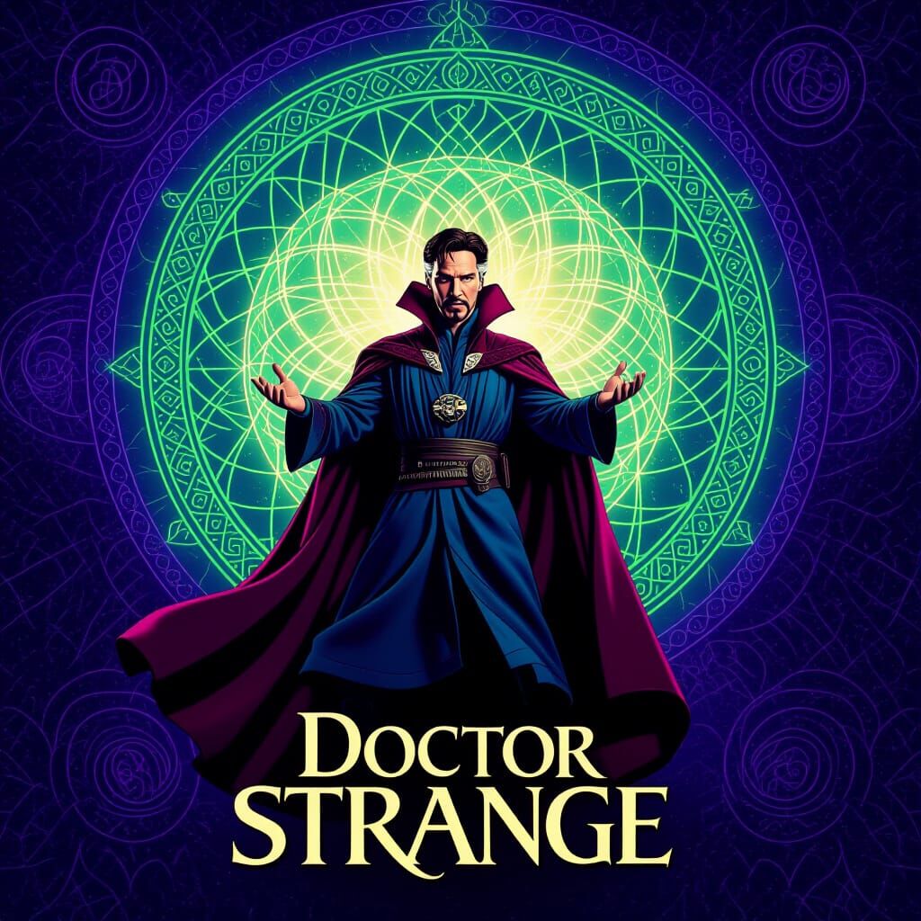 Extremely Detailed Movie Poster for the 1990s version of "Doctor Strange", saturated magical colors (violet, emerald, co...