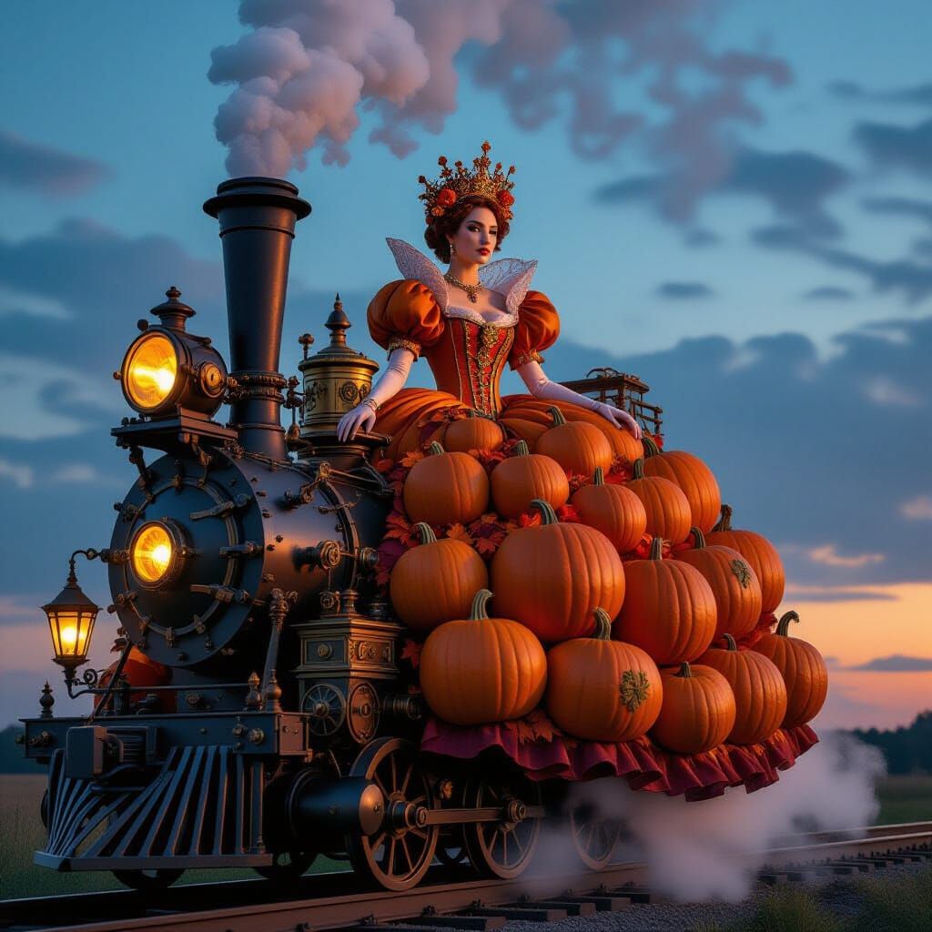 Steampunk Queen on Harvest Engine in Twilight