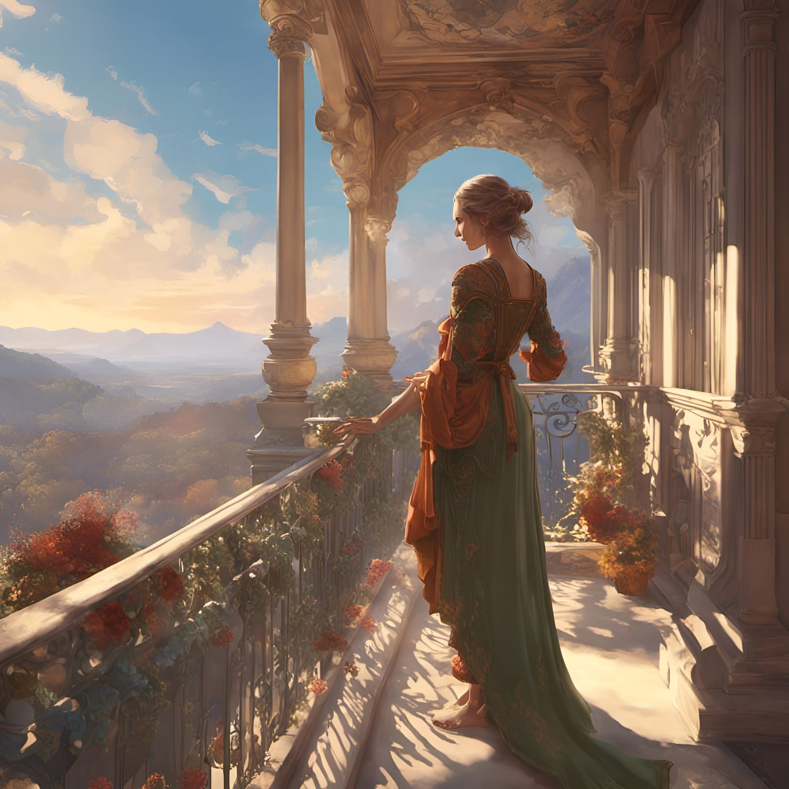 Woman Overlooking Valley: Art Nouveau Concept Art
