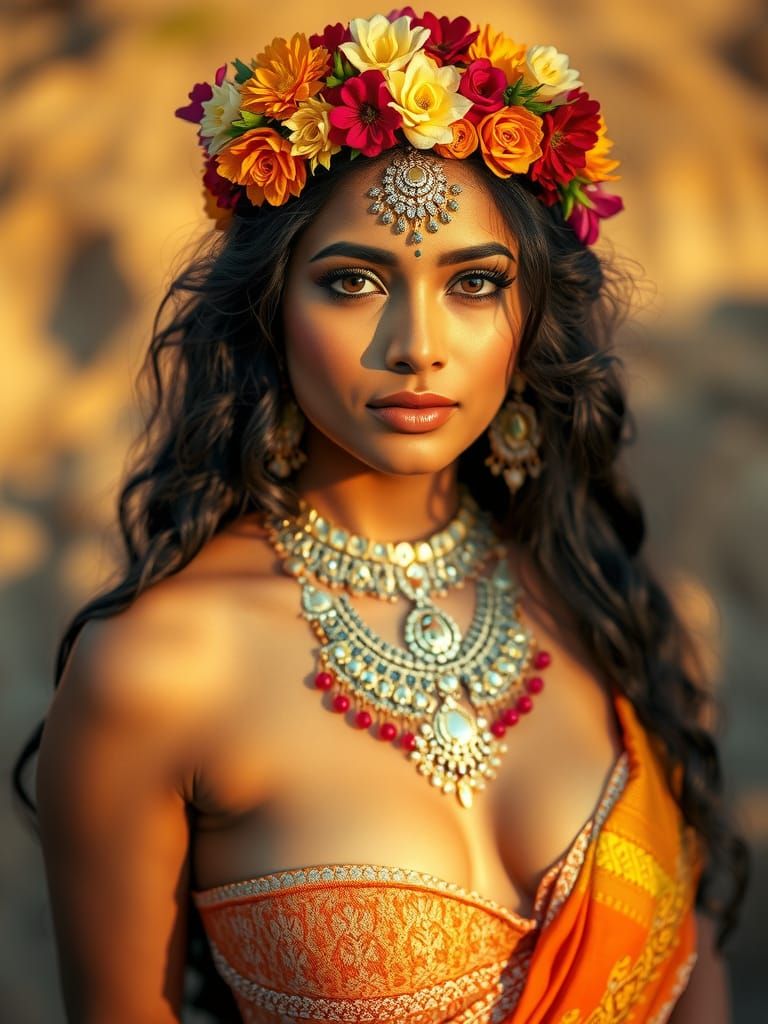 Gorgeous Indian Woman with Flowers and Jewels in Golden Hour...