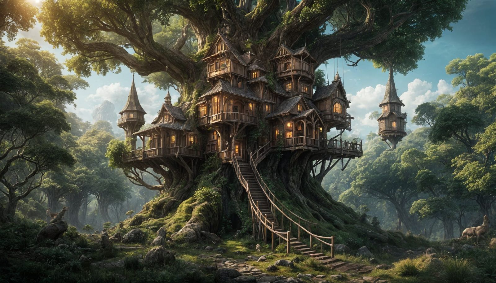 Fantasy Treehouse Towers in Deep Forest Art