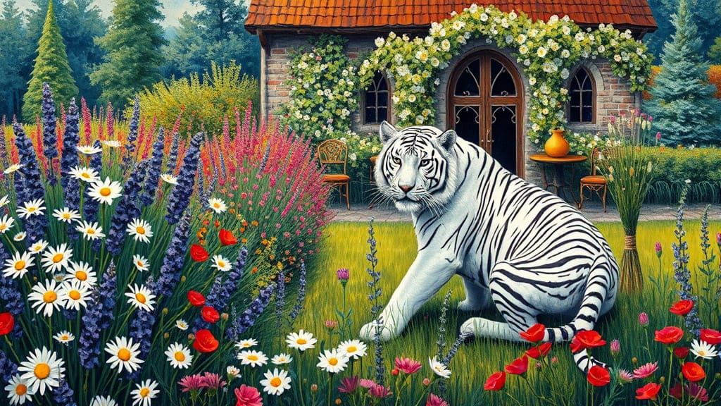 Garden with White Lion and Tiger in Van Gogh Style