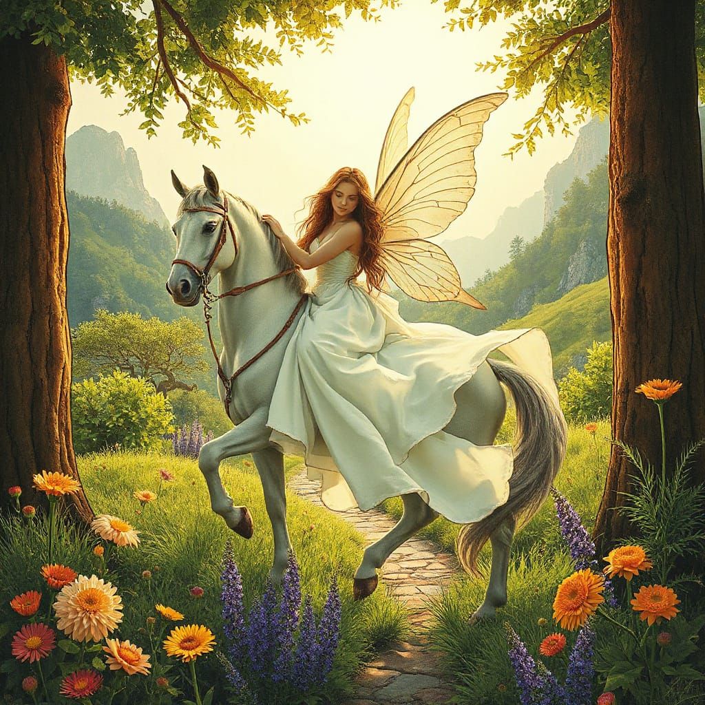 Fairy on Horseback in Sunlit Glade, Art Nouveau Style