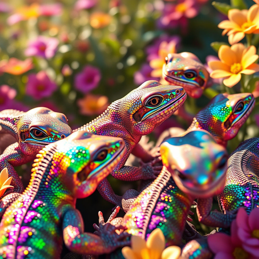 Iridescent Geckos Gathered in a Glittering Garden