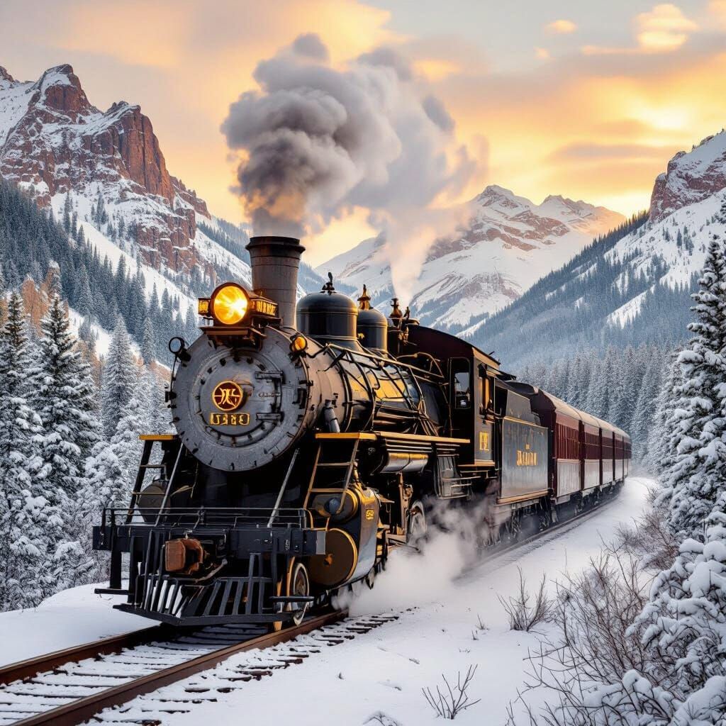 Vintage Steam Locomotive in Snowy Rockies