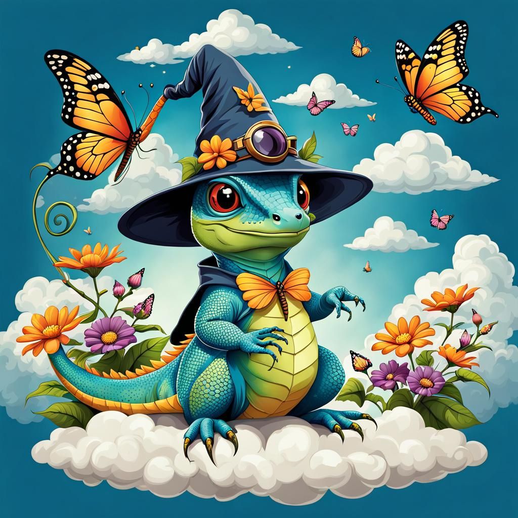 Cute Cartoon Lizard Wizard with Butterflies