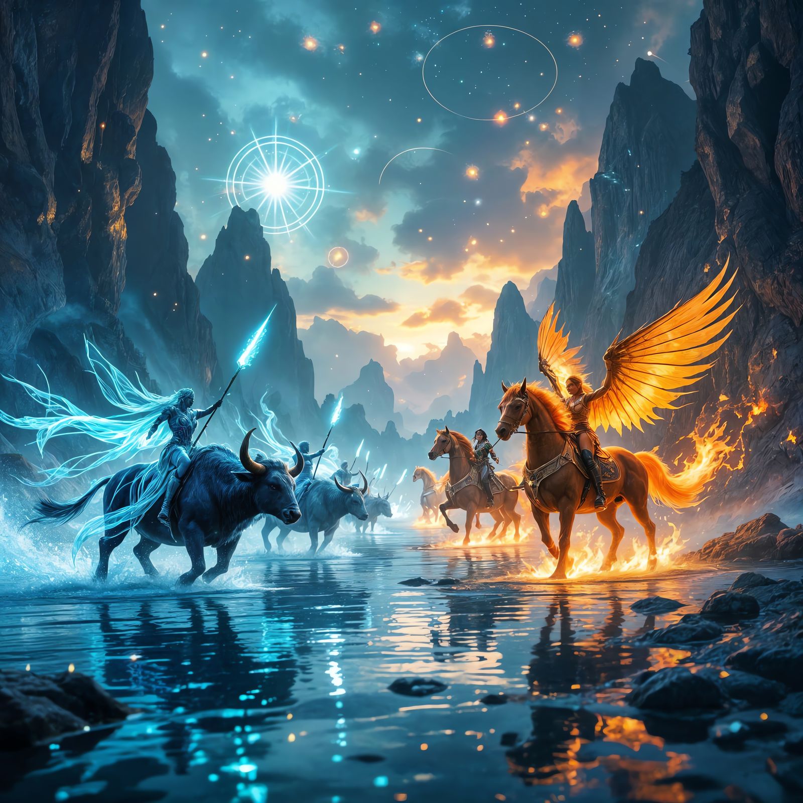 Cosmic Elemental Battle: Fire Gods vs. Water Warriors