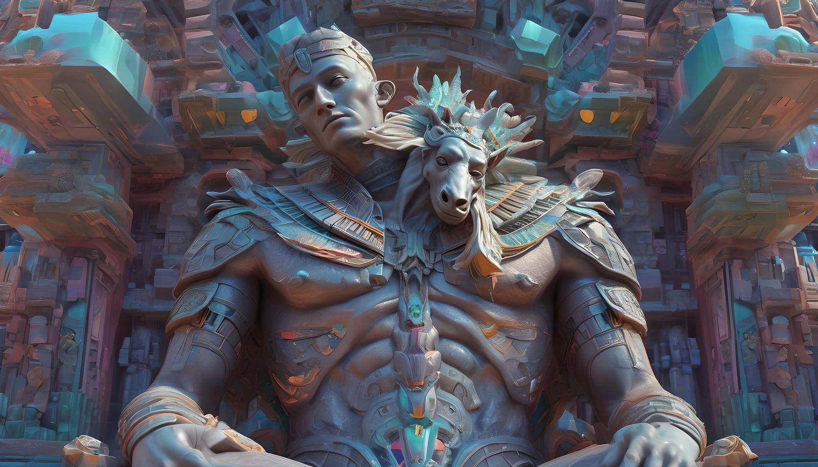 Vibrant Surreal Dreamscape with Aztec Sculpture