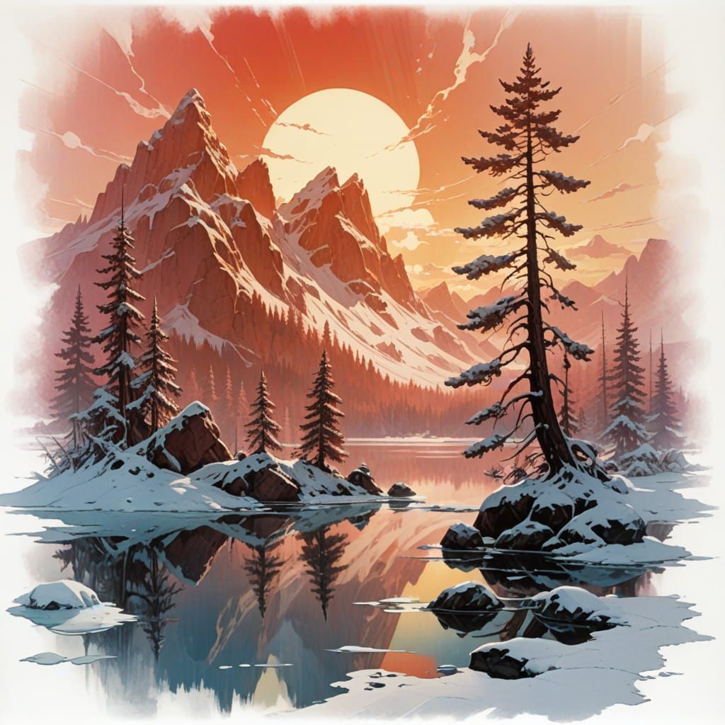 Crimson Winter Lake: Digital Matte Painting at Dawn