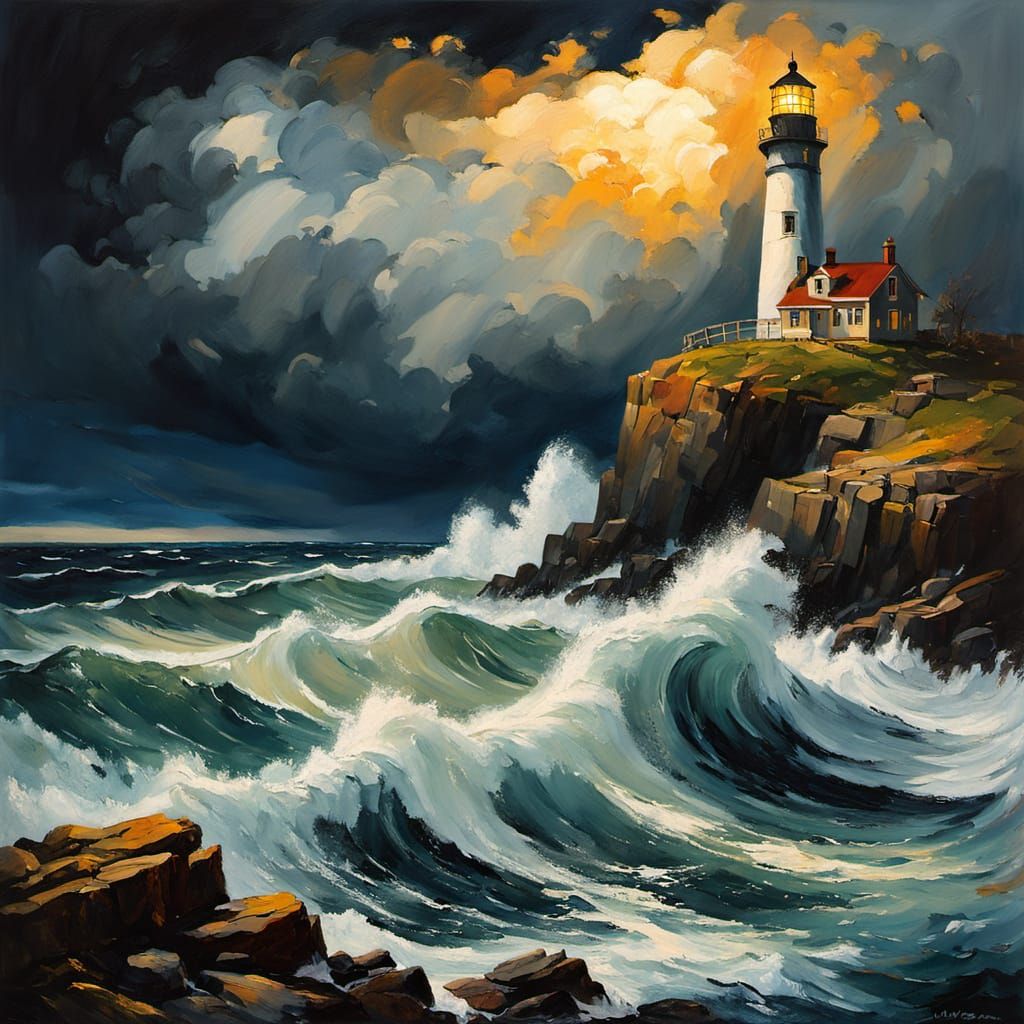Dramatic Lighthouse Seascape Painting in Turner Style