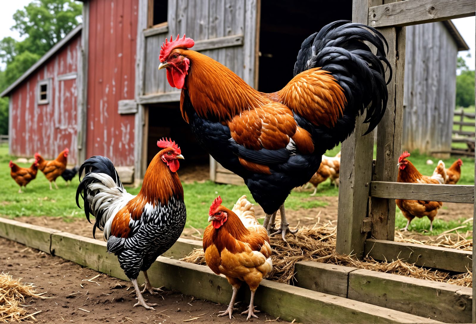 Rooster and Hen Chickens on Farm in Hyperrealistic Style