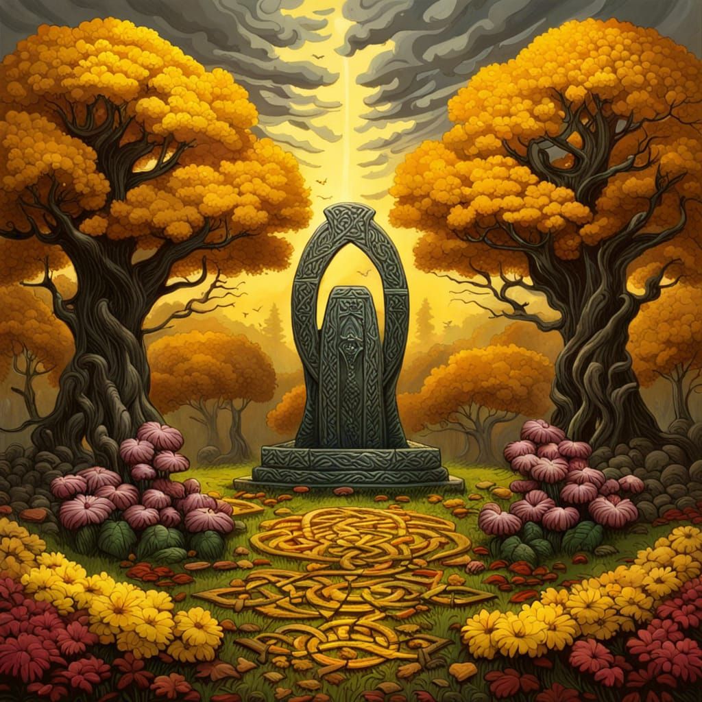 Gothic Celtic Meadow with Autumnal Woodland