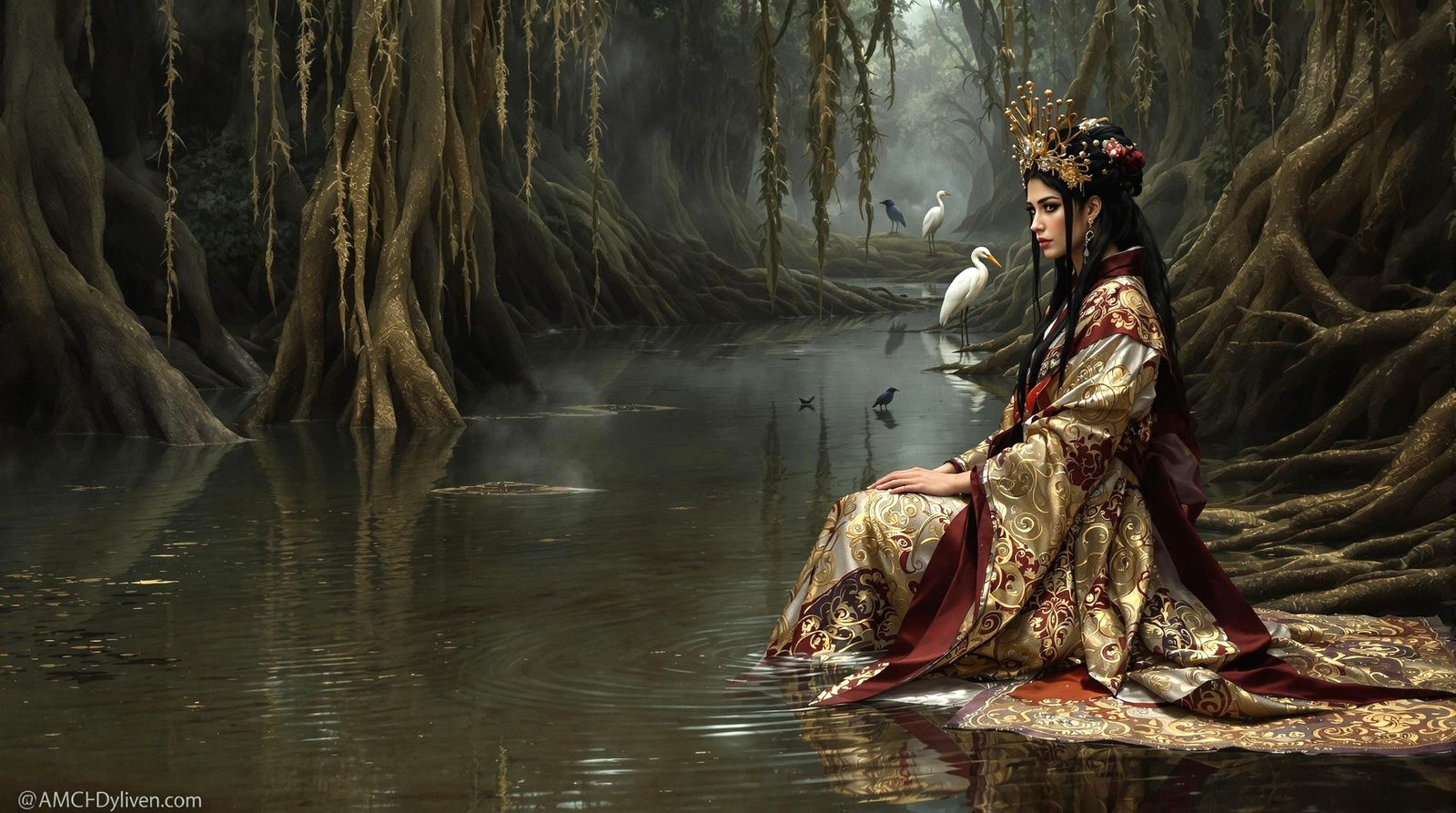 Mystical Forest Woman in Ornate Kimono