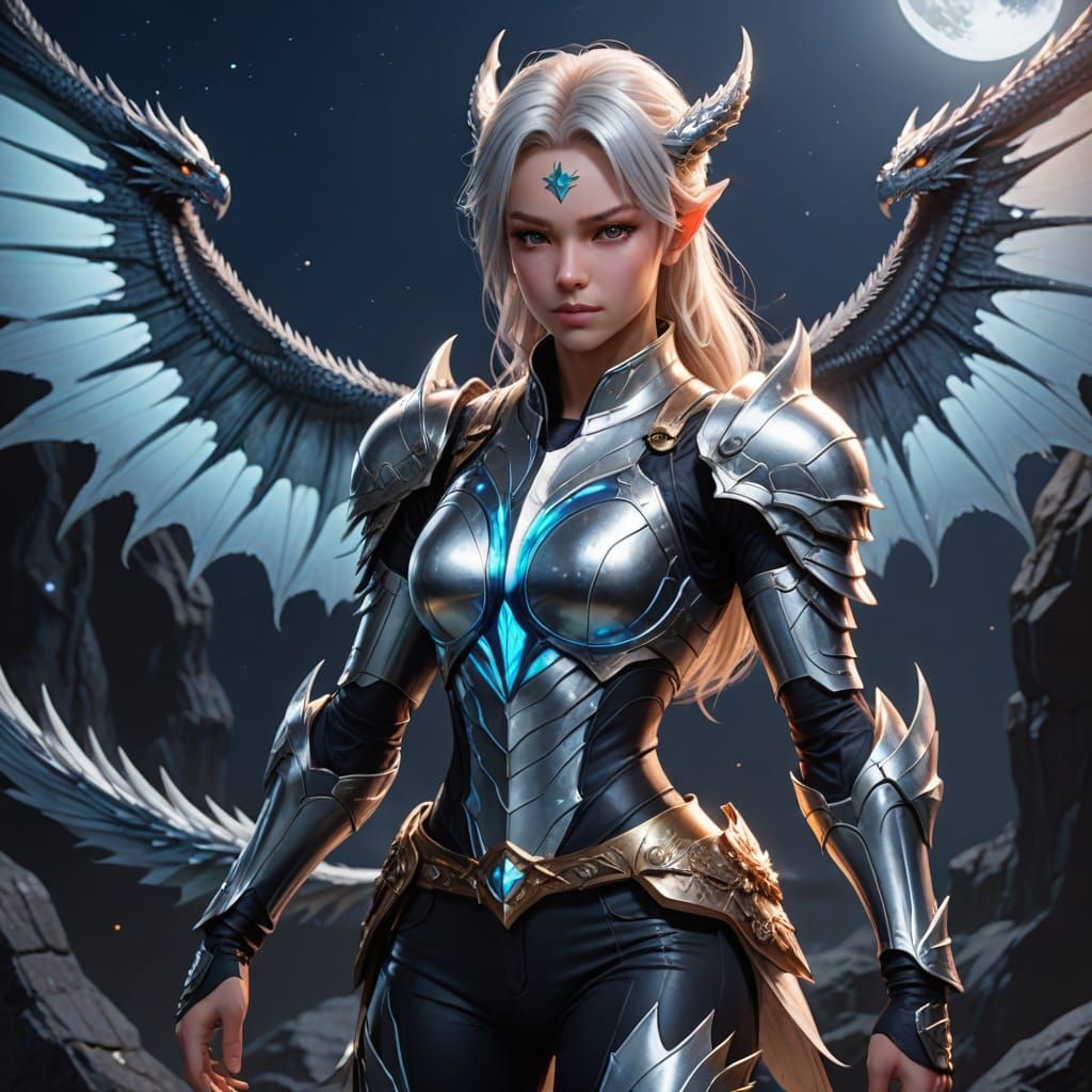 Muscular Half-Dragon Warrior Under Moonlight