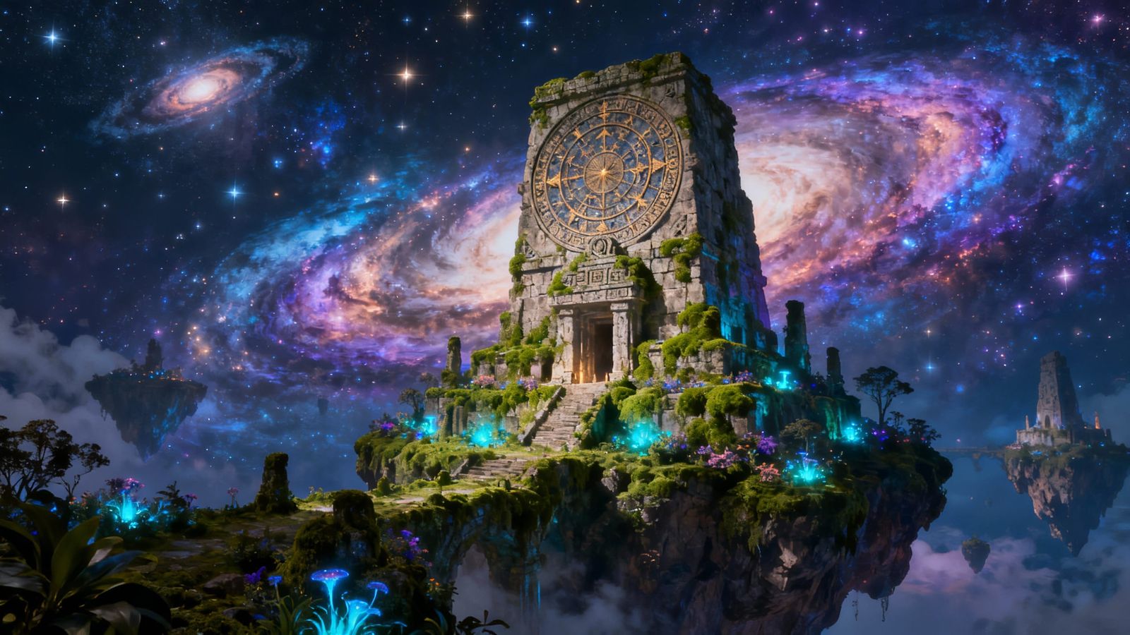 Ancient Temple on Floating Island in Swirling Nebula