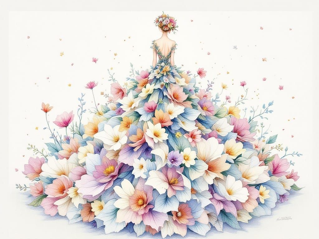 Whimsical Floral Fashion Illustration in Watercolor Style