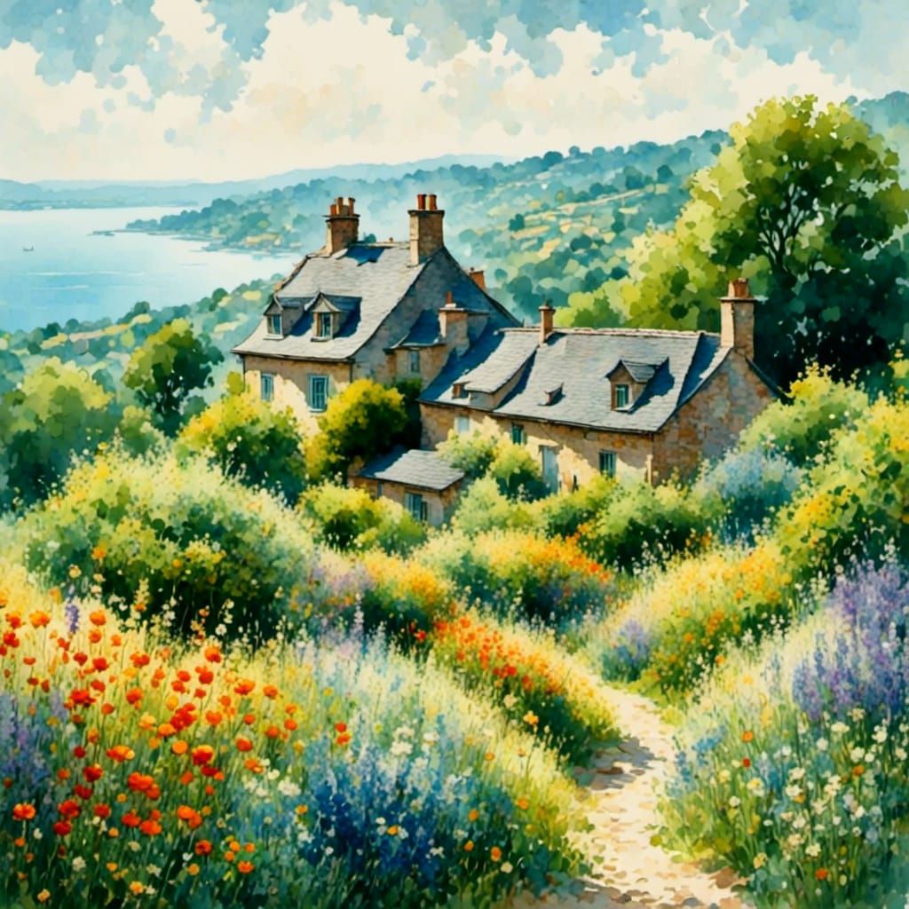 Impressionist Stone House by Lake in Sunlight