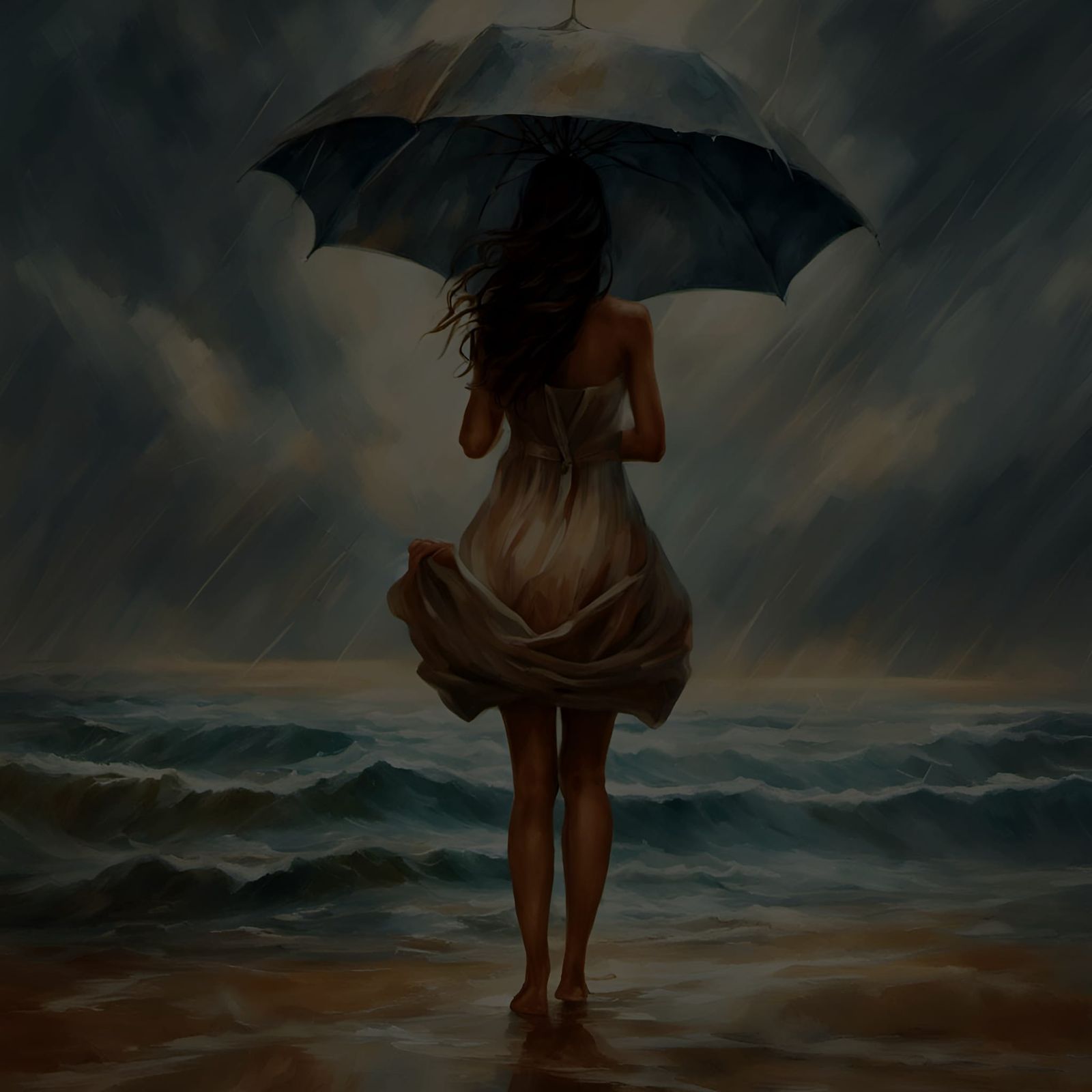 Girl on Rainy Beach in Baroque Digital Art