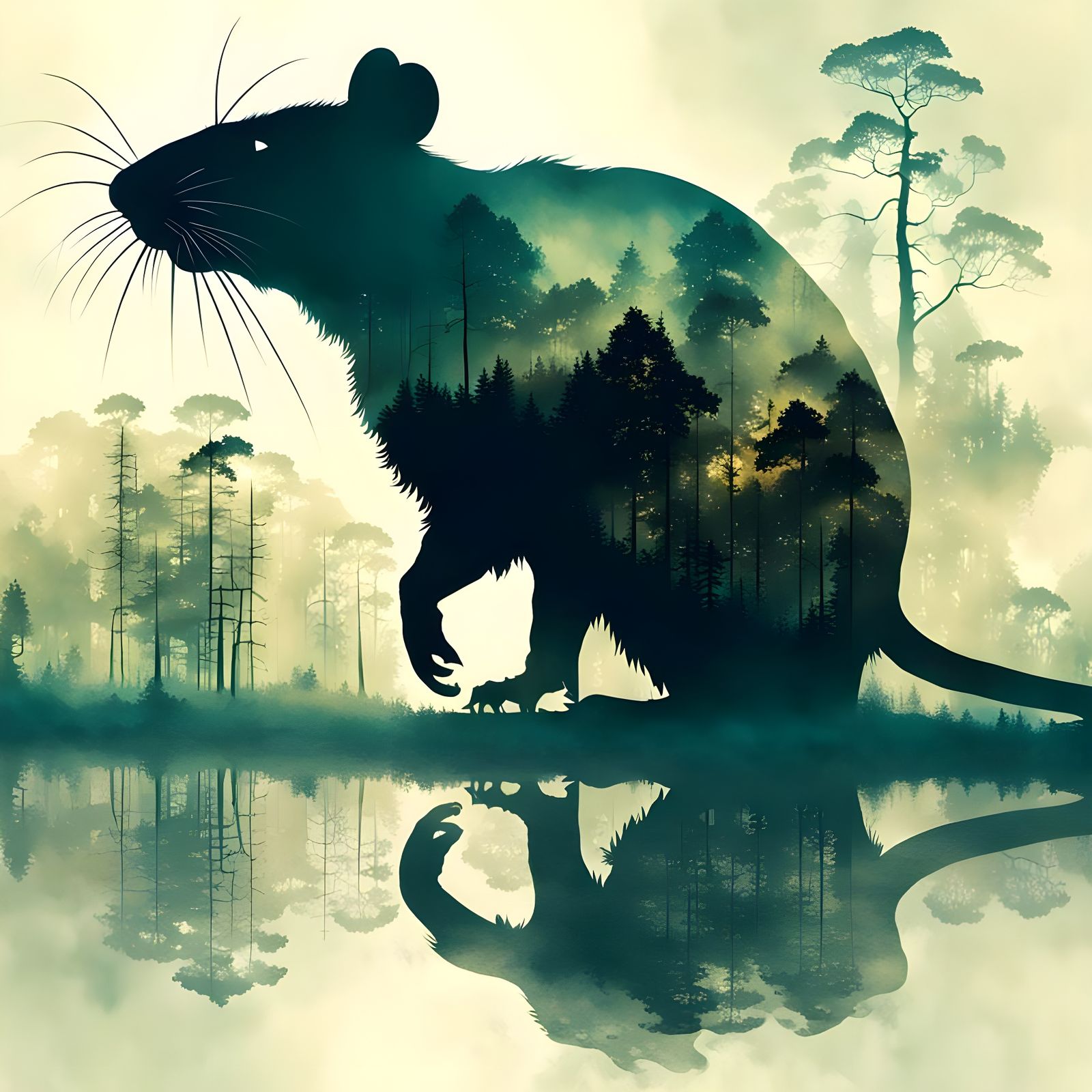 Surreal Rat Double Exposure in Foggy Swamp
