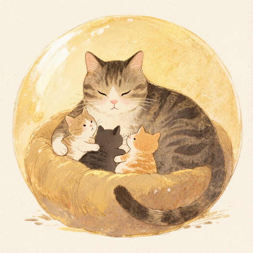 Cozy Mother Cat and Kittens in Watercolor Style