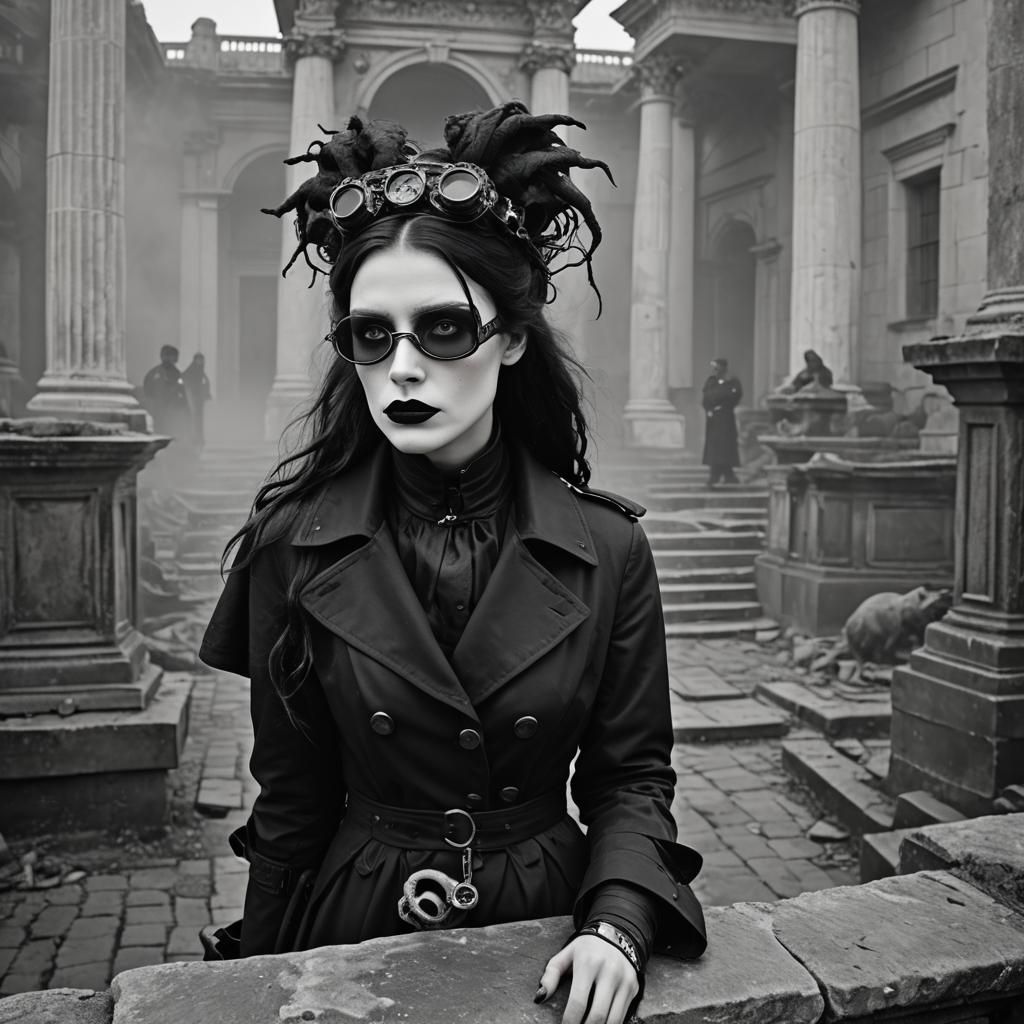Gothic Model in Haunted Roman Ruins, Black and White