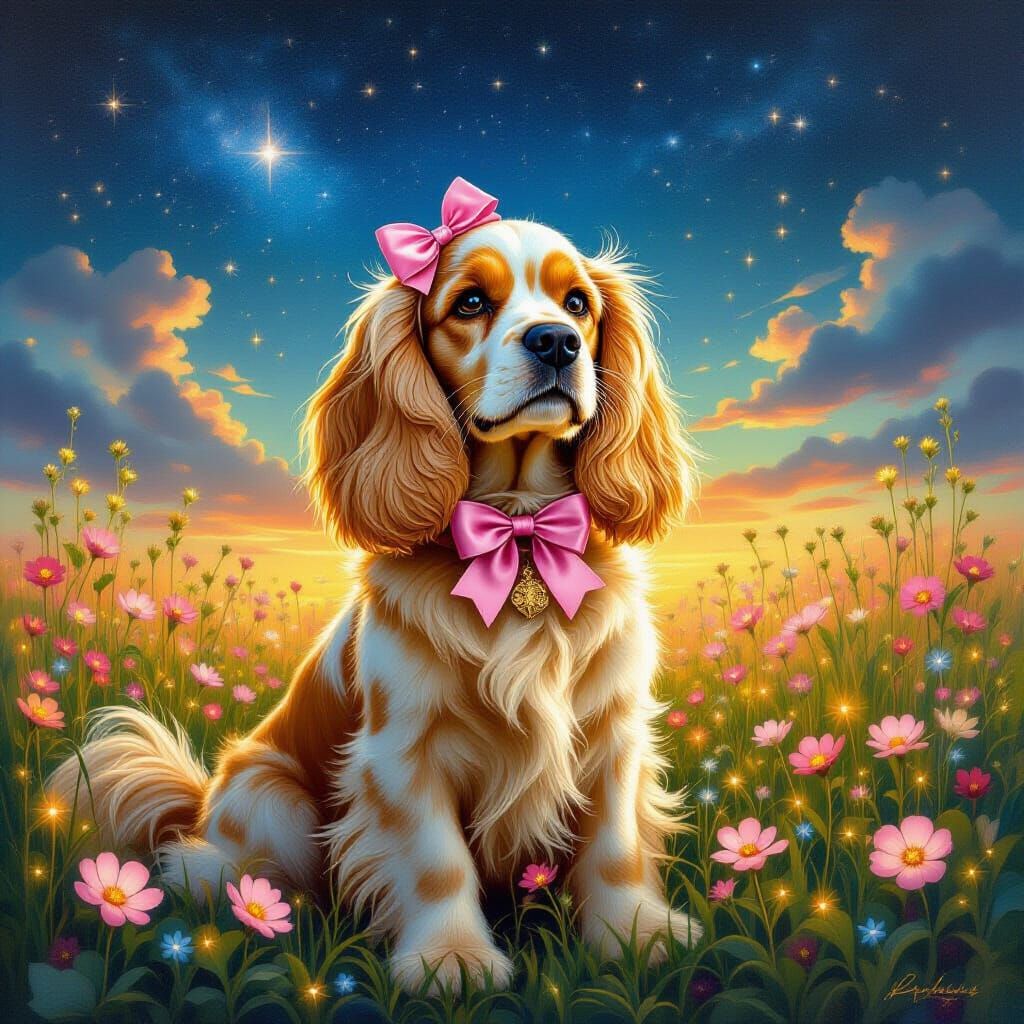Golden Cocker Spaniel in Starry Field as Renaissance Paintin...
