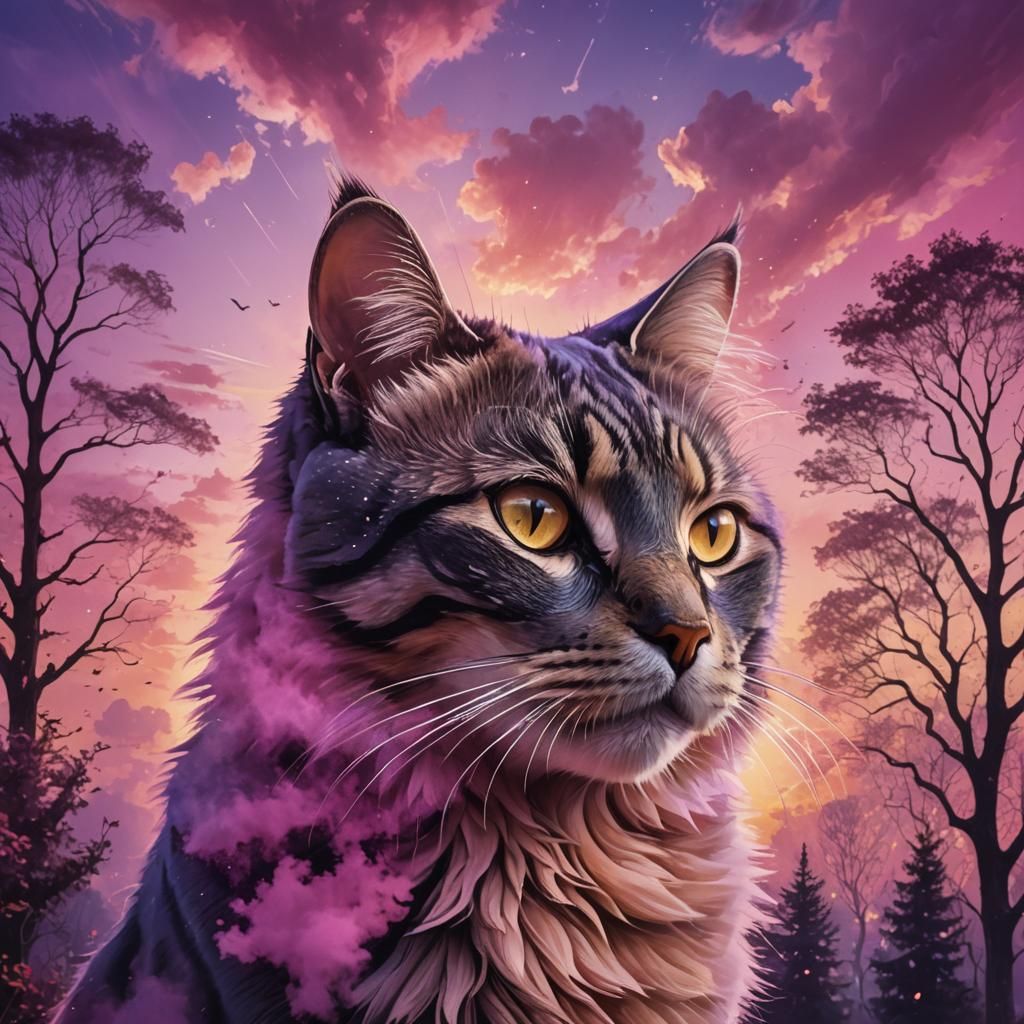 Dreamy Surreal Cat Portrait with Vibrant Sky