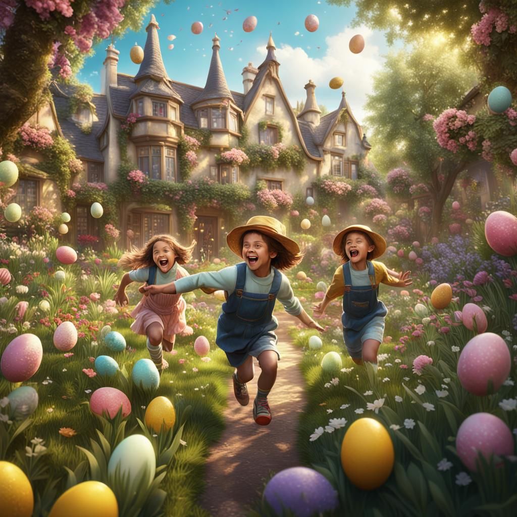Joyful Children's Easter Egg Hunt in a Blooming Garden