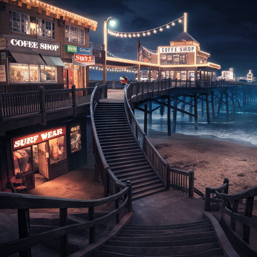 Nighttime Beach Boardwalk Scene in Matte Painting Style