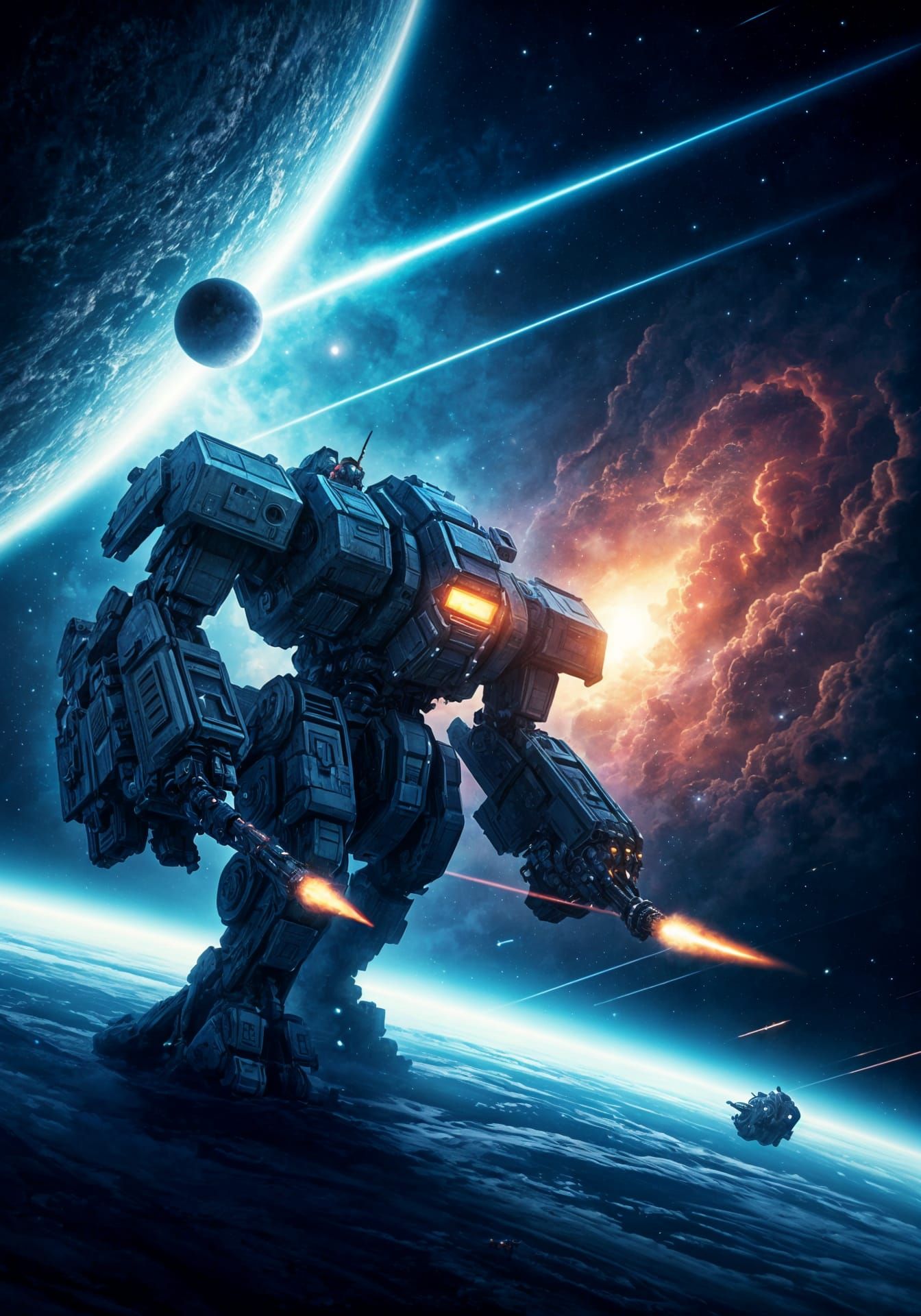 Fantasy Mech Robots in Intergalactic War, Watercolor Art