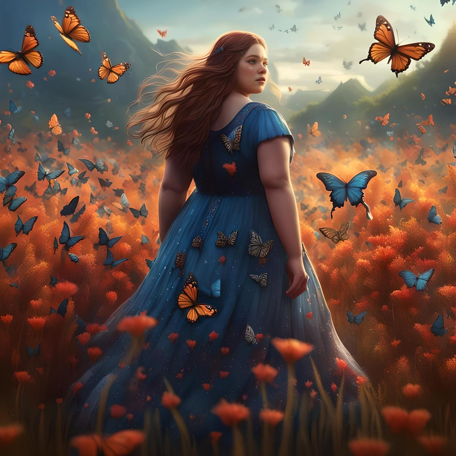 Plus Size Girl's Joyful Escape in a Butterfly Field