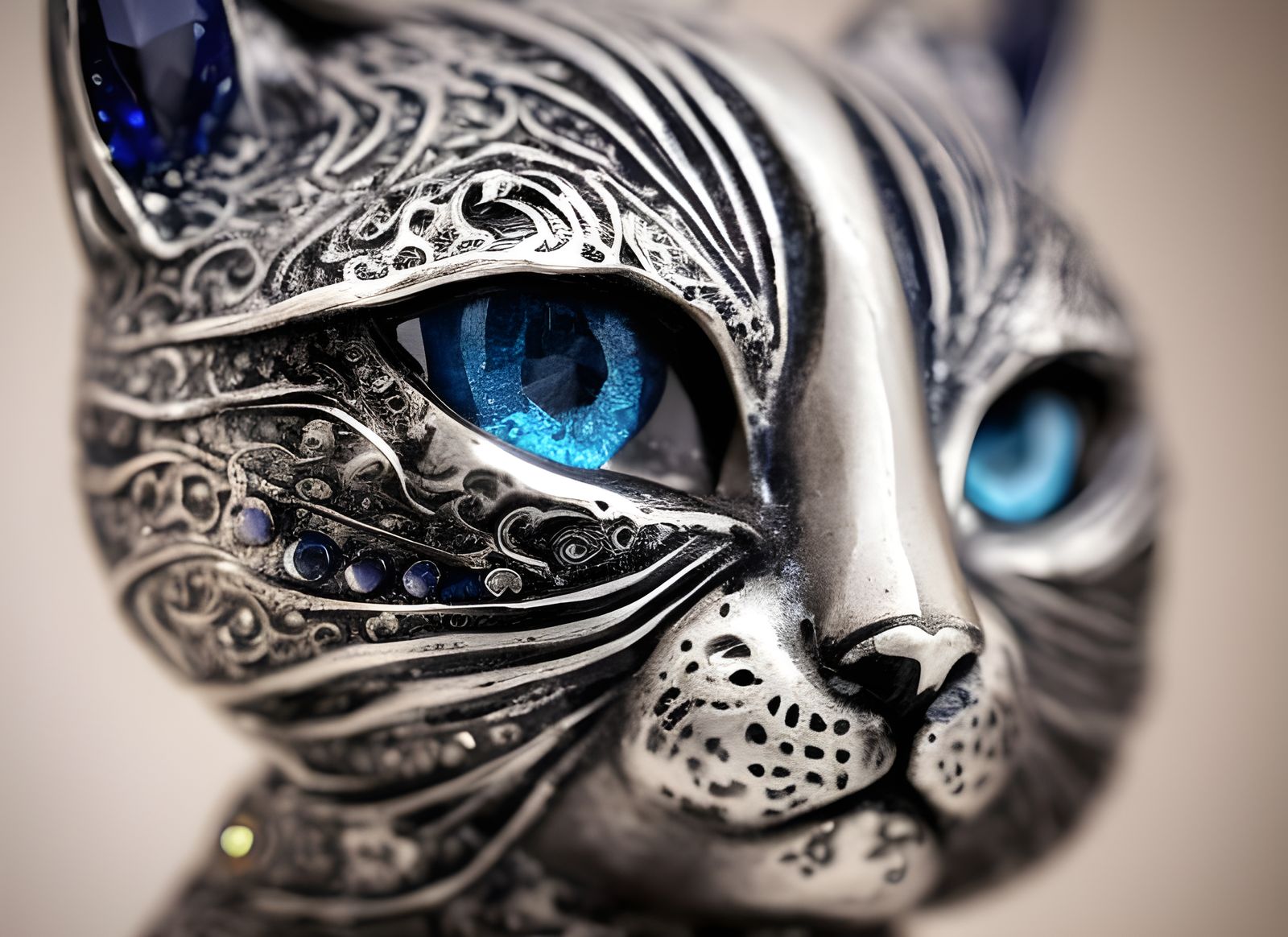 Ornamental Silver Cat Sculpture with Sapphire Eyes