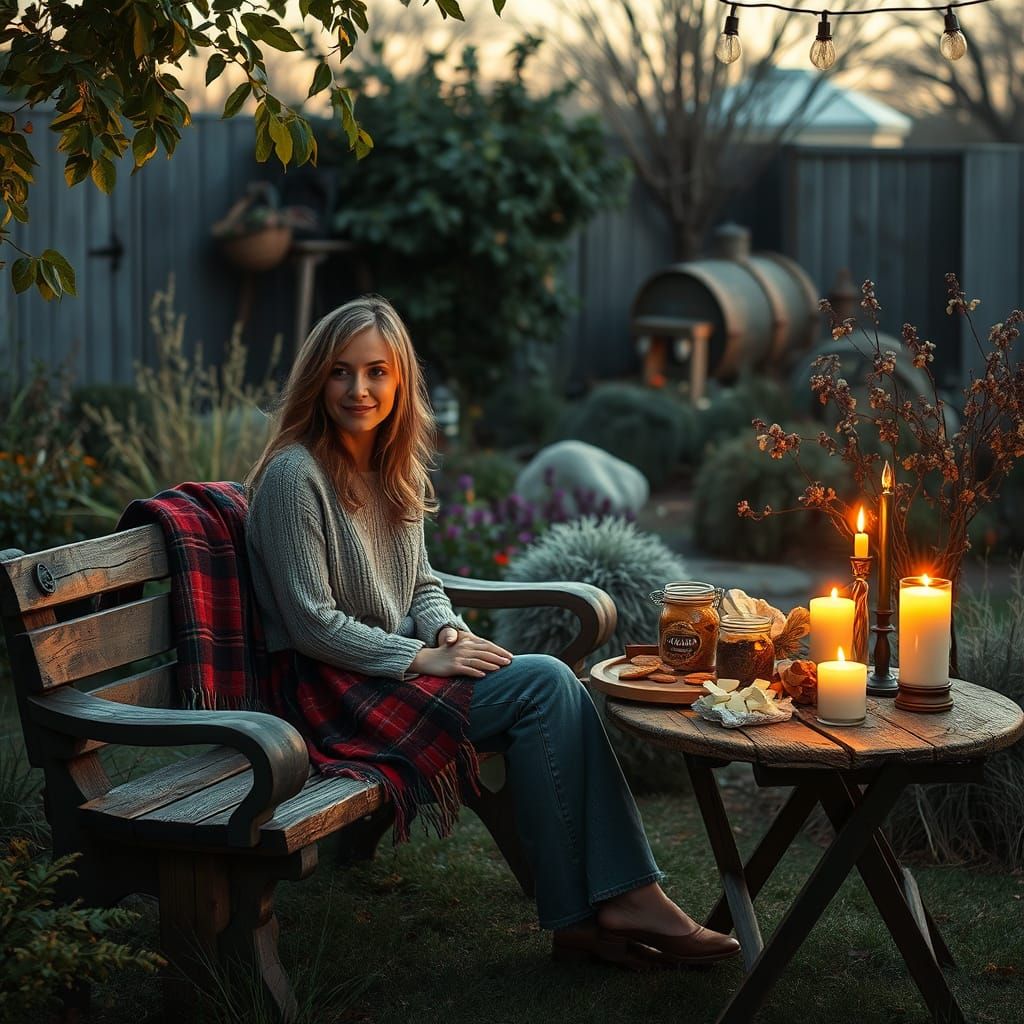 Serene Garden Scene with Woman and Candles