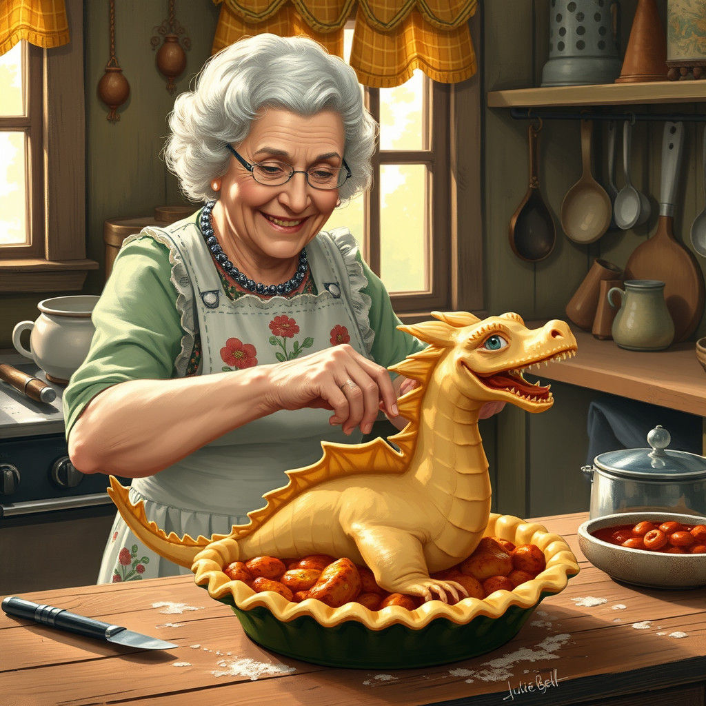 Grandmother Baking Dragon Pot Pie, Mythical Illustration