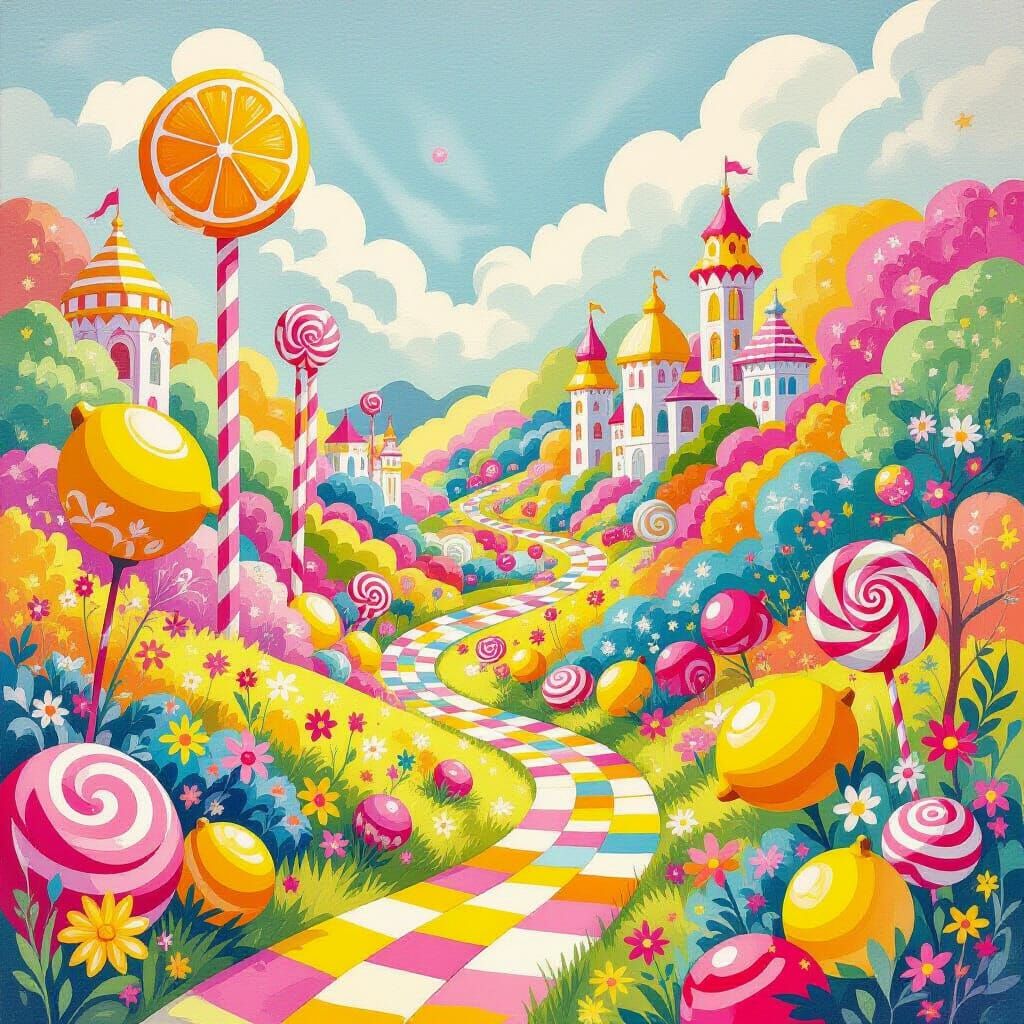 Vibrant Candyland Gouache Landscape with Lemon Motifs