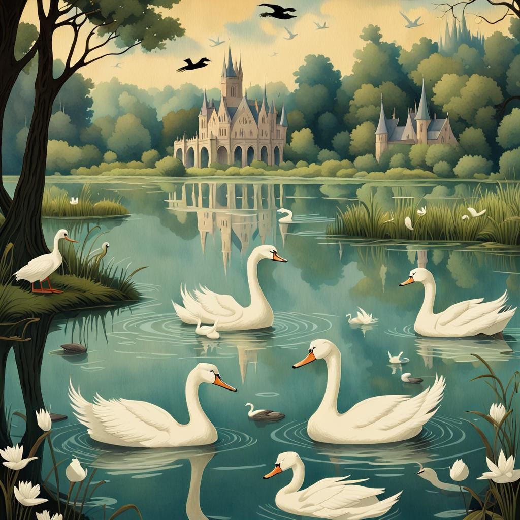 Gothic Storybook: Heron, Swans, and Ducks