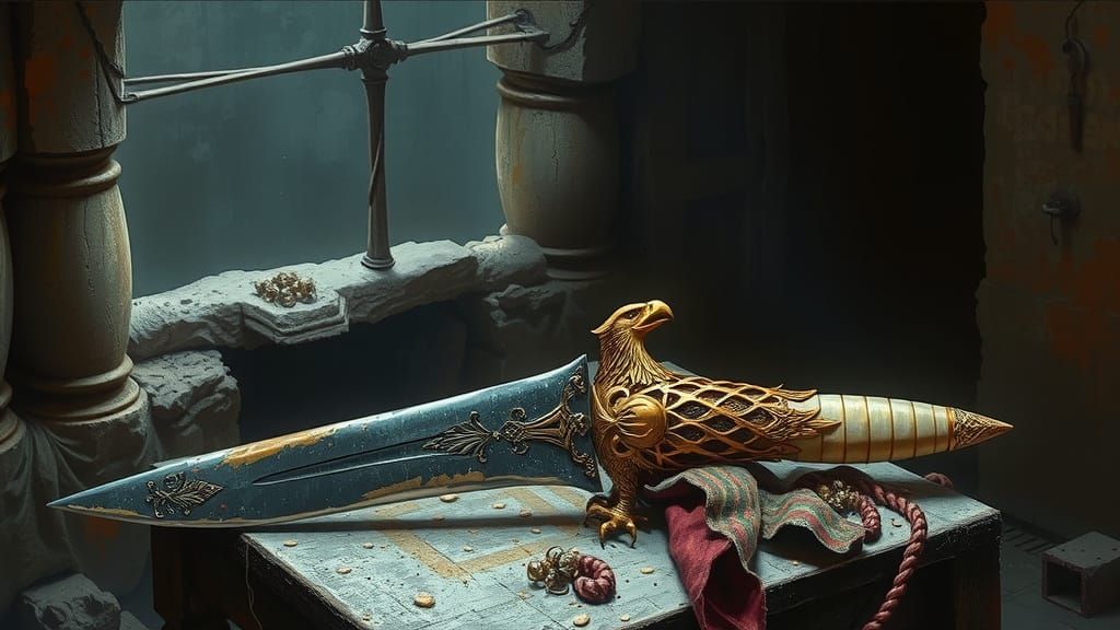 Ancient Silver Sword in Dimly Lit Tomb