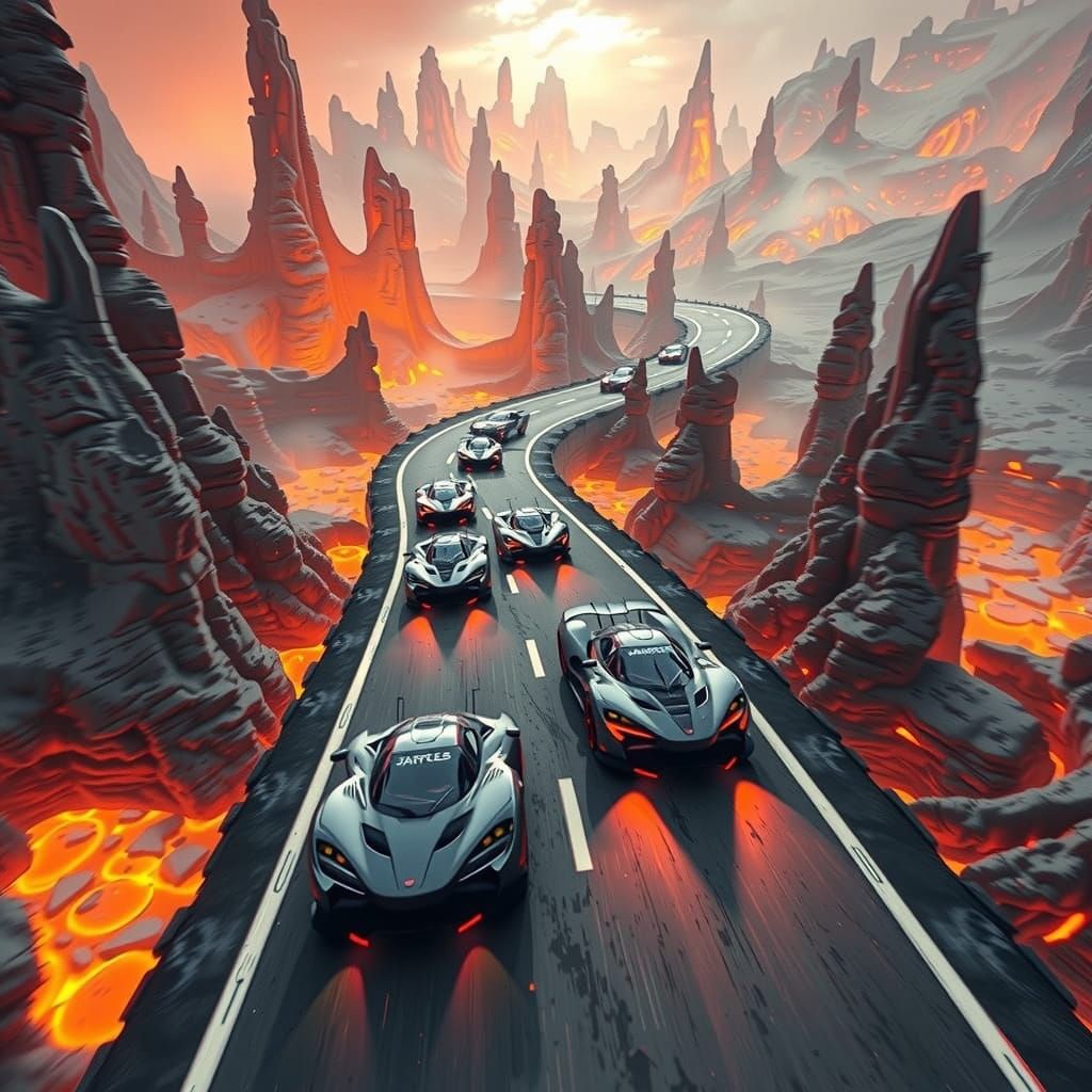 Race Cars Speeding Through Magma World: 3D Render