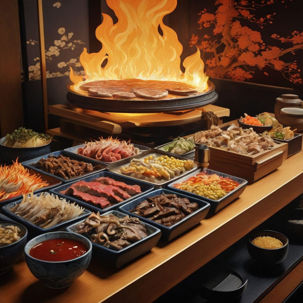 Fiery Food Display with Sauces and Griddle, Ukiyo-e Style