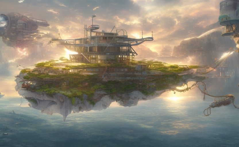 Anime City on Floating Island in Magic Realism Style
