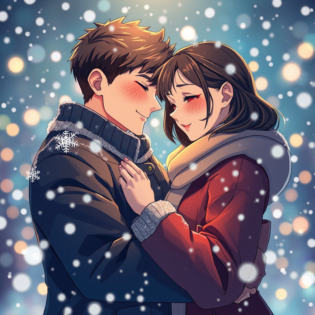 Romantic Couple Embracing in Snowy Christmas Anime Style