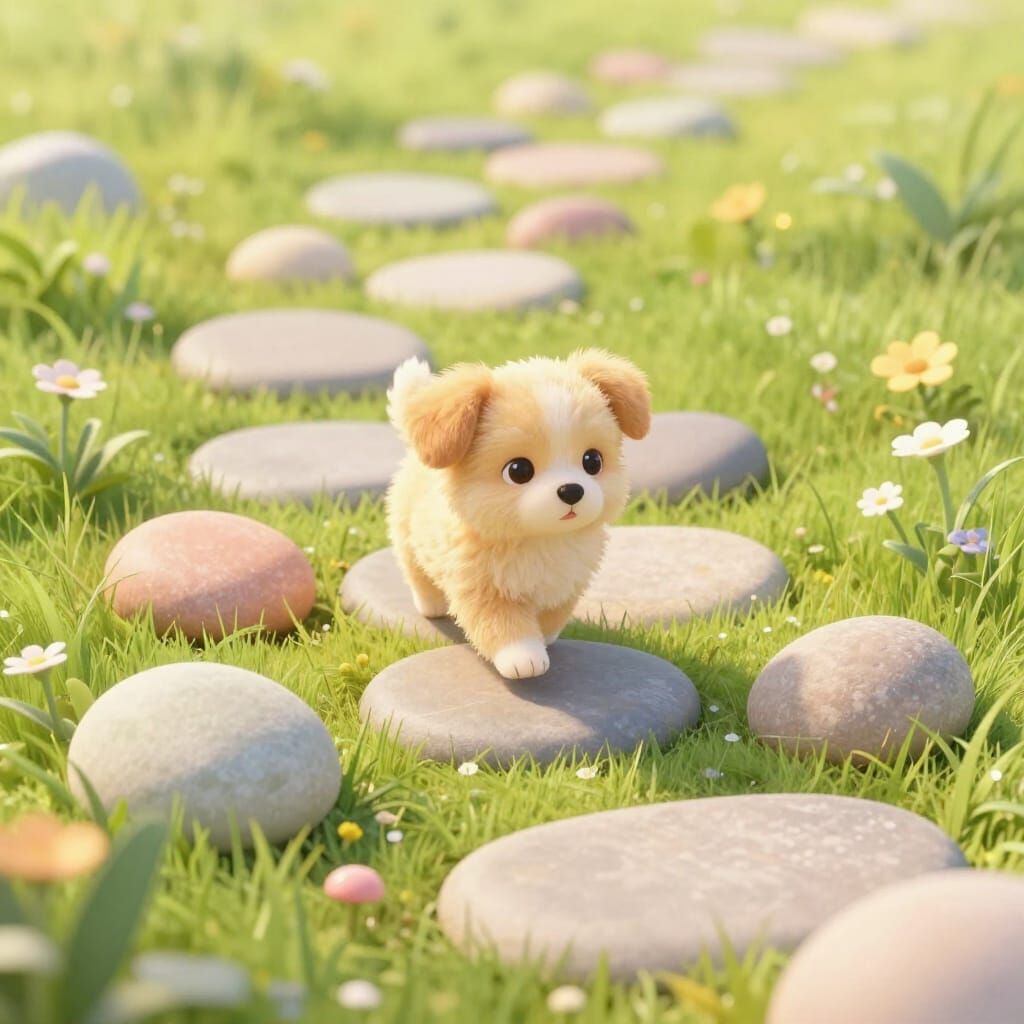 Cute Stone Path and Puppy in Meadow
