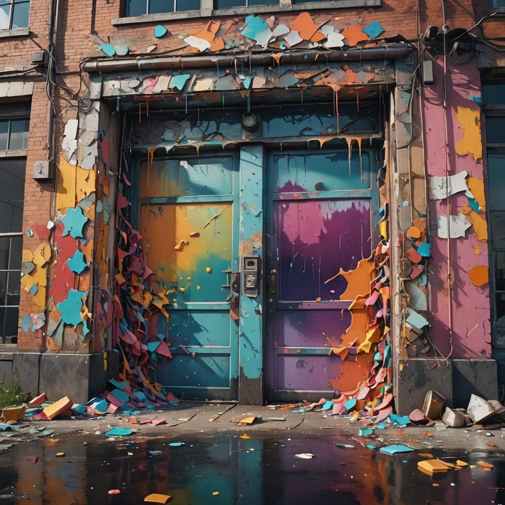 Abandoned Factory Entrance in Hyper-Realistic Splash Art